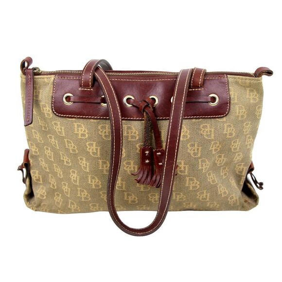 DOONEY & BOURKE DB CANVAS BROWN GENUINE LEATHER TRIM SHOULDER BAG TOTE HANDBAG - Picture 4 of 16